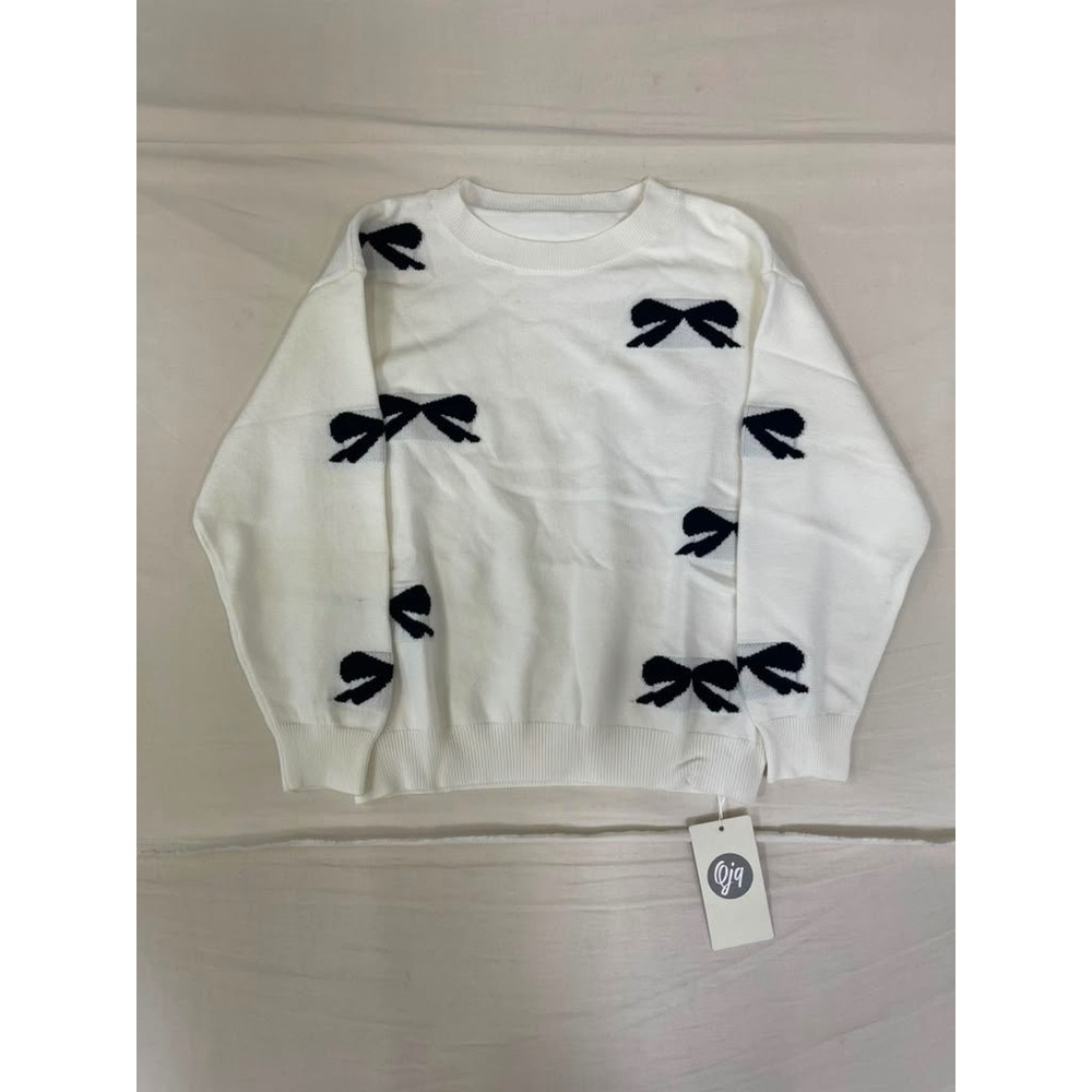 QJQ Women White Bow Intarsia Knit Sweater Crewneck Long‎ Sleeve Pullover NEW